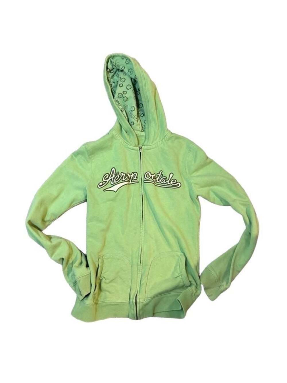 Aeropostale Y2K Green Zip-Up Hoodie with Floral Lined Hood Size M